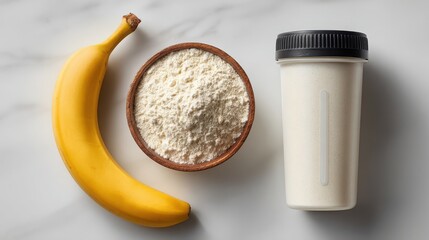 Preworkout wellness routine flatlay kitchen counter energy booster ingredients topdown view healthy lifestyle nutrition focus