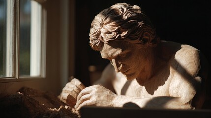 Artisan shaping wooden figurine with sunlight streaming through window, capturing intricate detail