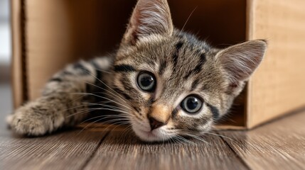 Fototapeta premium Adorable tabby kitten peeking out from a cardboard box with captivating big eyes and playful expression in a cozy home environment