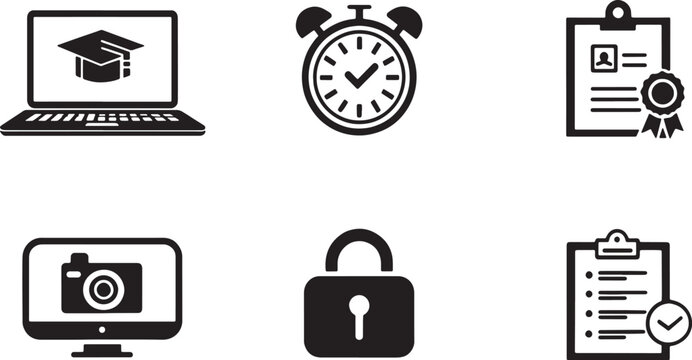 Modern remote exam silhouette icons pack with six symbols laptop-based test, online proctoring camera, exam timer, secure browser lock, submit button, exam result notification