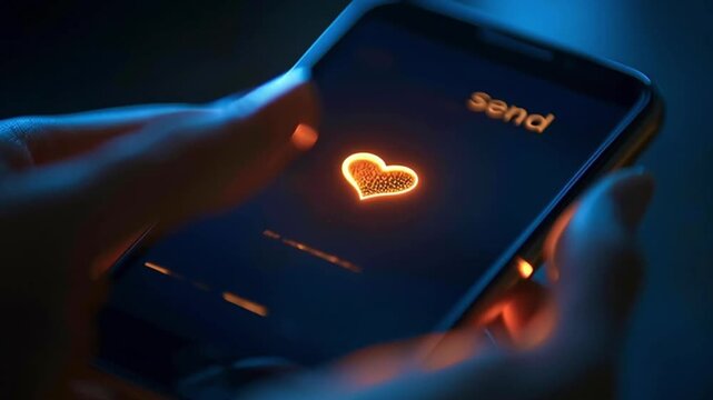 Close up of a finger touching a glowing heart icon on a smartphone to send a love message, symbolizing online dating, romance, and digital connection in a futuristic, dark environment