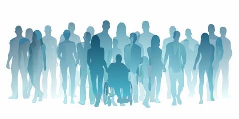 Naklejka premium A diverse group of blurred figures including a person in a wheelchair