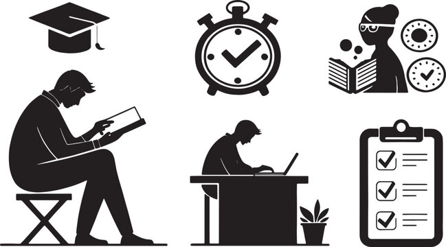 Six black silhouette icons representing student focus and time management student reading book, pomodoro study timer, daily study planner