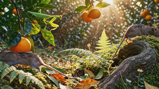 Sunlit forest floor with orange fruit, leaves, and two curious mice peeking from a log at dusk