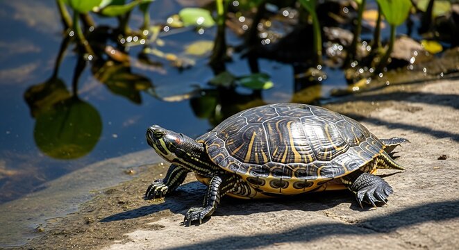 A turtle resting by the water's edge in a serene natural setting