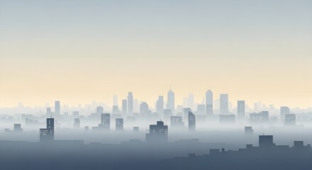 Obraz premium Misty cityscape panorama with silhouetted skyscrapers at dawn or dusk