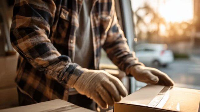 A man is seen packing items into boxes during golden hour. He wears a plaid shirt and gloves as he carefully holds the boxes in an urban location with cars in the background.