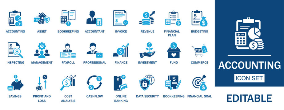 Accounting and Financial Management icon set. Includes symbols for Payroll, Profit and Loss, revenue, and Budgeting. Solid vector icons for business tax, bookkeeping, and financial services.