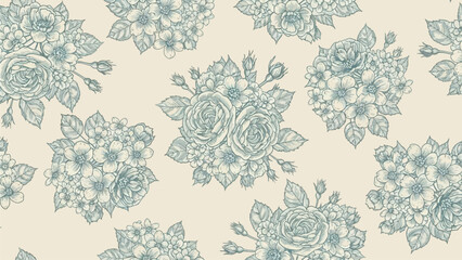 Fototapeta premium A seamless pattern of intricately designed blue floral motifs on a soft, neutral background viewed from directly above