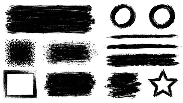 Various black brush strokes, shapes, and symbols on a white background, including lines, circles, a star, and a square from moli (302).ai