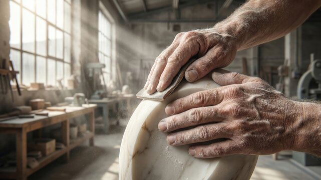Close up of artisan hands sanding a marble sculpture in a dusty workshop filled with sunlight.