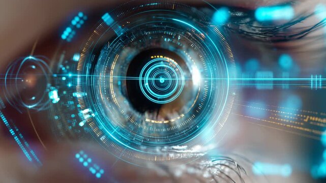 An eye with digital effects is shown. The eye has a glowing rim and displays technology elements. This visual shows how digital art represents human sight.