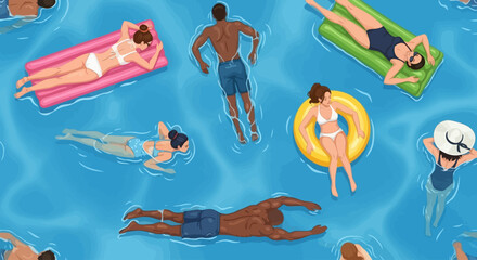 People swimming and relaxing on inflatables in a vibrant blue pool scene viewed from above © Steven