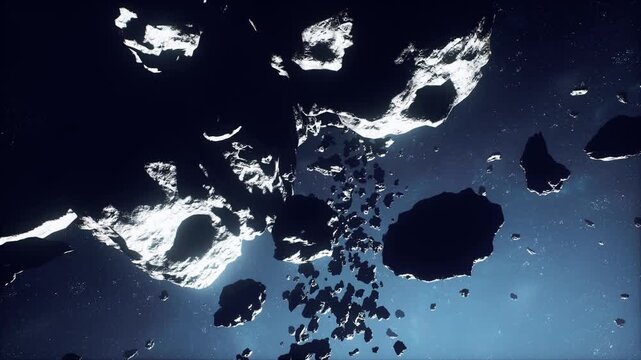 closeup view of towering asteroid boulders under sharp starlight, textured surfaces, deep shadows and distant navigation beacon signaling nearby activity