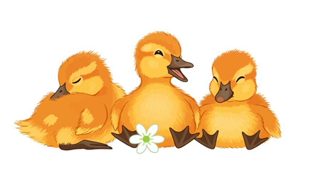 Three yellow ducklings gathered together with one holding a white flower in a cute illustration