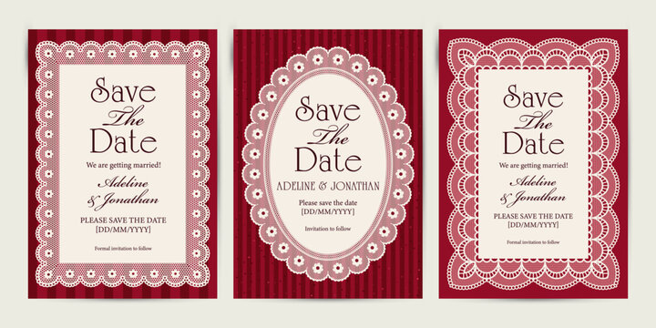 Elegant Save the Date Wedding Card or Invitation. Lace Border Vector illustration.