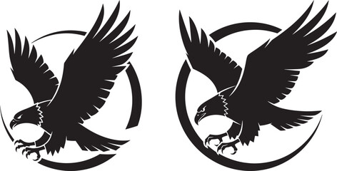 Obraz premium Set of two black eagle emblems in flight within circular frames, aggressive hawk vector design