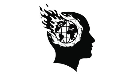 Silhouette of a person's head with a flaming globe inside