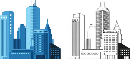 A stylized illustration of a modern city skyline in contrasting colors