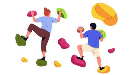 People engaging in bouldering activity on colorful holds, illustration from a dynamic viewpoint. © Steven