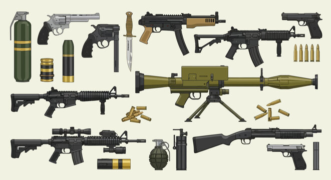 Detailed illustration of various firearms and military equipment arranged neatly, showcasing different types of guns and ammunition on a neutral background from a direct viewpoint