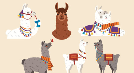 Obraz premium Illustration of cartoon llamas wearing colorful blankets and accessories