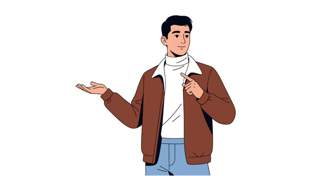 Illustration of a man gesturing with one hand and holding a small object in the other, standing in a neutral pose, viewed from the front