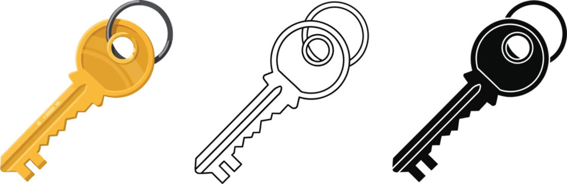 Three keys in different colors on a white background

