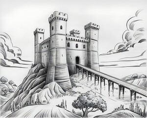 Fototapeta premium Title: An of a medieval castle with tall towers and a drawbridge over a body of water with trees and hills in the background