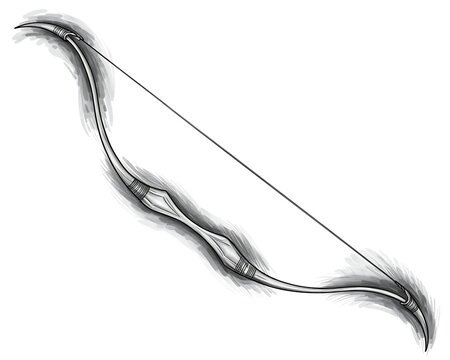 Title: of a traditional wooden longbow with a curved and detailed carvings on the handle in a loose style