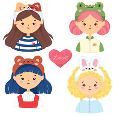 cute vector portraits of women with funny hats