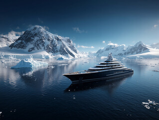 Luxury yacht sailing in Antarctic waters, side view from sea level. Icebergs and snow-covered mountains in the background on a bright sunny day. Concept of expedition yachting, polar travel 