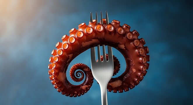 A fork piercing through a coiled octopus tentacle