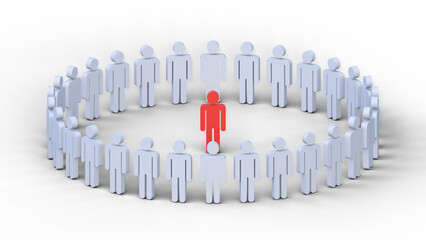 Circle of people with one in the center isolated on background. Red person standing out from the crowd. Different from the crowd. Human resources concept.