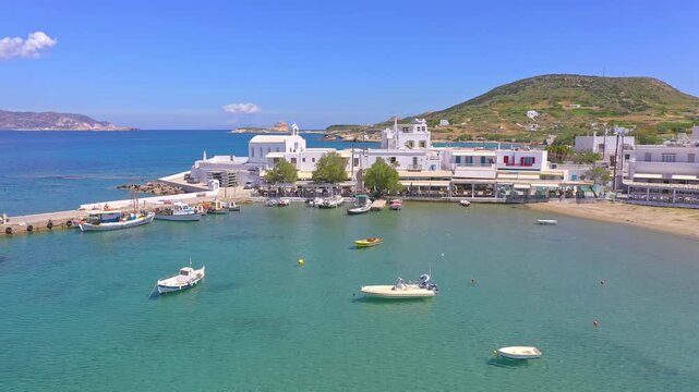 Pollonia beach panorama and Cycladic village coastline on Milos island, Greece