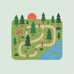 Whimsical Flat Design Map Illustration of a Scenic Outdoor Adventure Route Through a Lush Forest Landscape with a Winding Path, Tranquil Lake, and Bright Sun