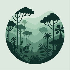 Stylized circular illustration showcasing a serene layered forest landscape with diverse trees and lush foliage in harmonious green tones, evoking a peaceful natural environment