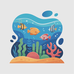Vibrant Underwater World Concept Colorful Tropical Fish Swim Amongst Coral Reef and Seaweed in a Stylized Aquatic Ecosystem Illustration