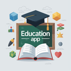 Comprehensive digital education application concept with a graduation cap, open book, and various learning icons for online study and academic success
