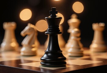 Black king chess piece on board with blurred pawns and warm bokeh lights in background, symbolizing leadership and strategy in business