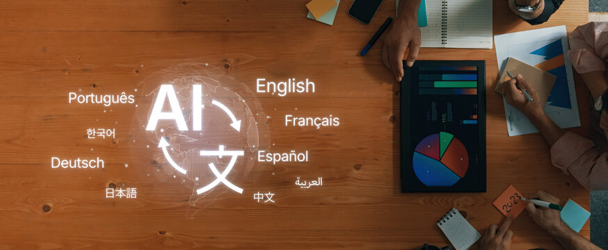 A vibrant workspace showcasing artificial intelligence in language learning, featuring various languages and data analysis tools, promoting collaboration and innovation. Trope
