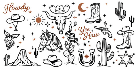 Western cowboy doodle illustration set with cactus horse skull boots revolver hats desert symbols, vintage hand drawn vector elements. © Arafat