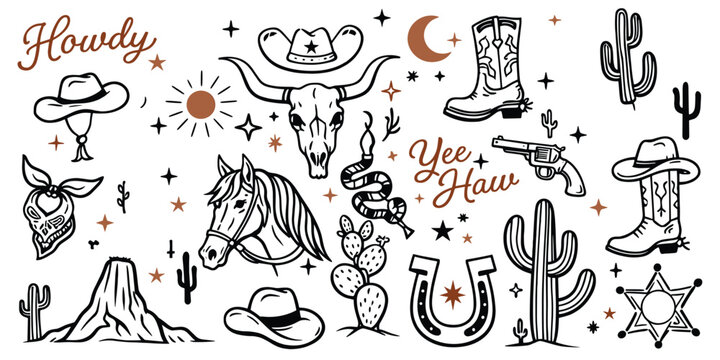 Western cowboy doodle illustration set with cactus horse skull boots revolver hats desert symbols, vintage hand drawn vector elements.