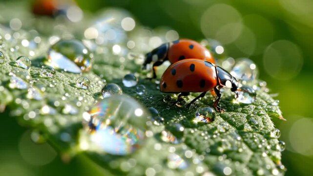 Two bright ladybugs traverse a jeweled leaf, droplets glistening under a soft, green dawn glow now