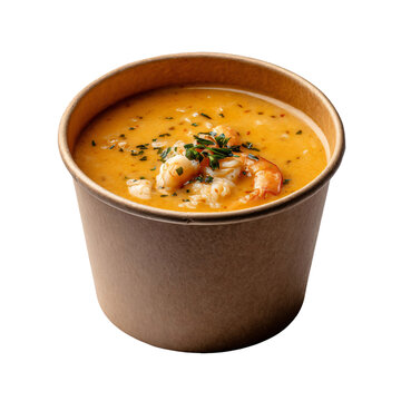 Seafood bisque in brown takeaway paper bowl,  isolated die-cut.