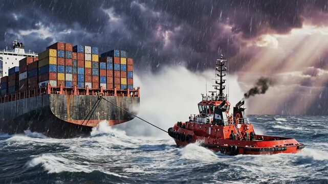 Container ship with colorful crates is towed by a red tug through rough seas and stormy skies above