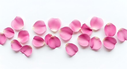 Fototapeta premium Pink rose petals scattered across a white surface. Overhead shot, showcasing delicacy