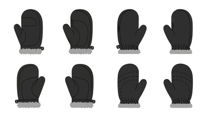 Set of Black Winter Mittens with Fur Trim, Multiple Views