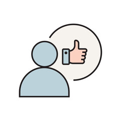 Clean flat outline icon set featuring thumbs up and &ldquo;like&rdquo; symbols in various contexts such as users, social media, web, notifications, settings, approval, rating, and feedback. Perfect for UI, UX.