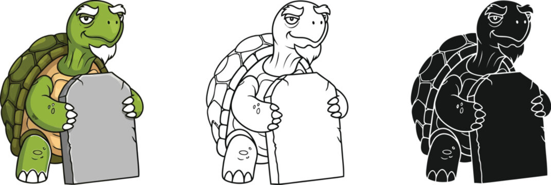 Three cartoon turtles holding signs in different color styles